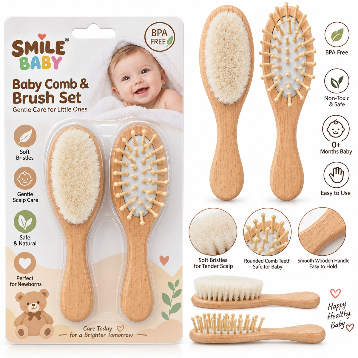 Smile Baby Wooden Baby Comb & Brush Set 