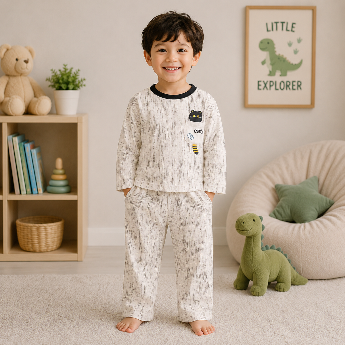 Smile Baby boys cream cat print night suit set, full-sleeve top and matching pants, front view, ages 1Y to 10Y.