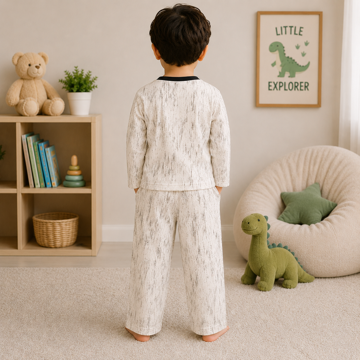 Smile Baby boys cream night suit set with cat print texture, full-sleeve top and matching pants, back view.