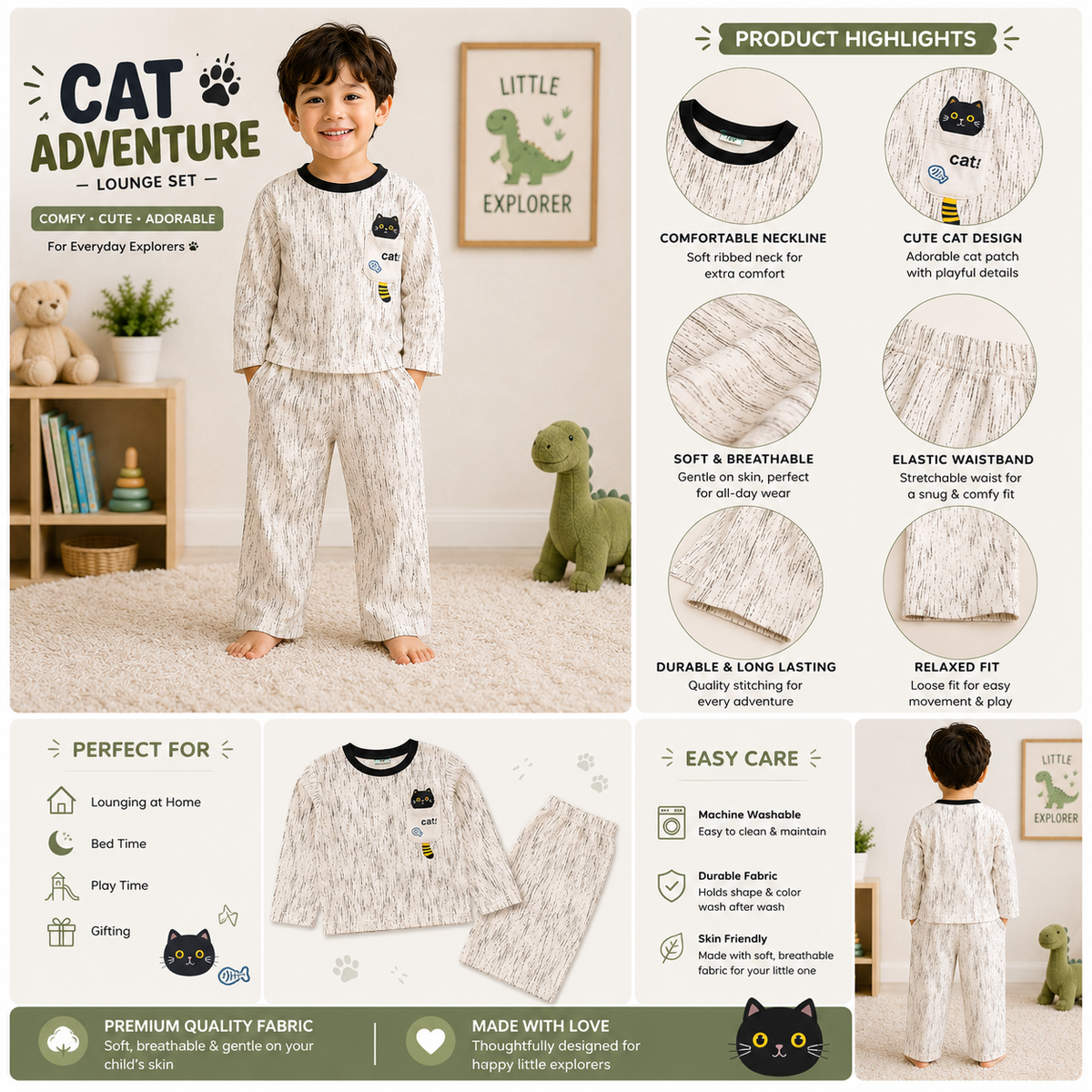 Smile Baby boys cream cat print night suit product highlights featuring soft breathable fabric, elastic waistband, comfortable neckline and relaxed fit.