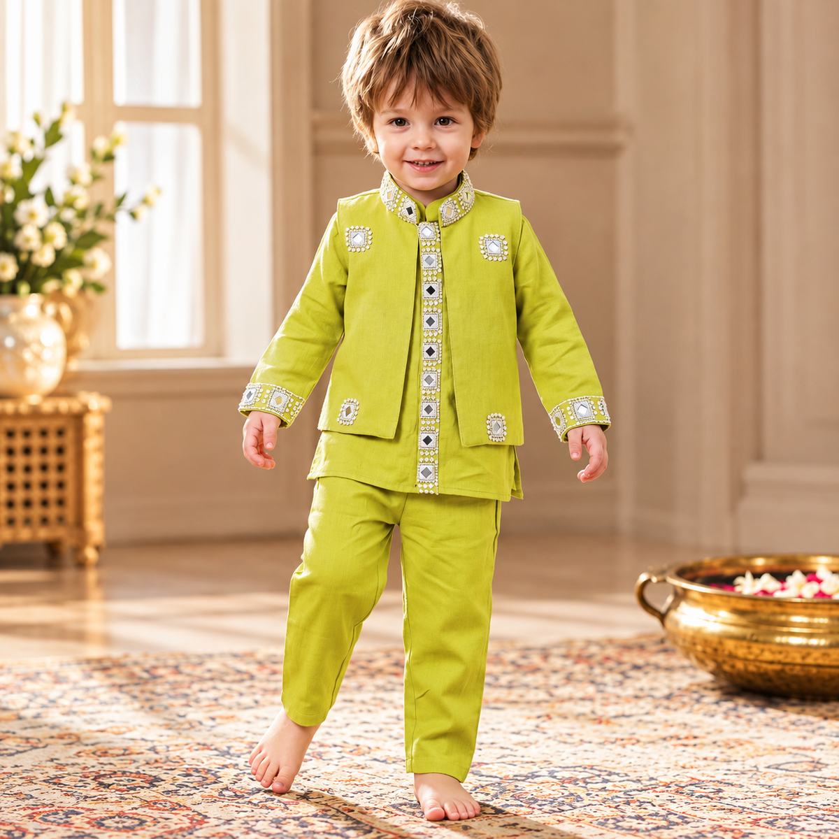 SMILE BABY boys pista green embellished Indo Western set front view