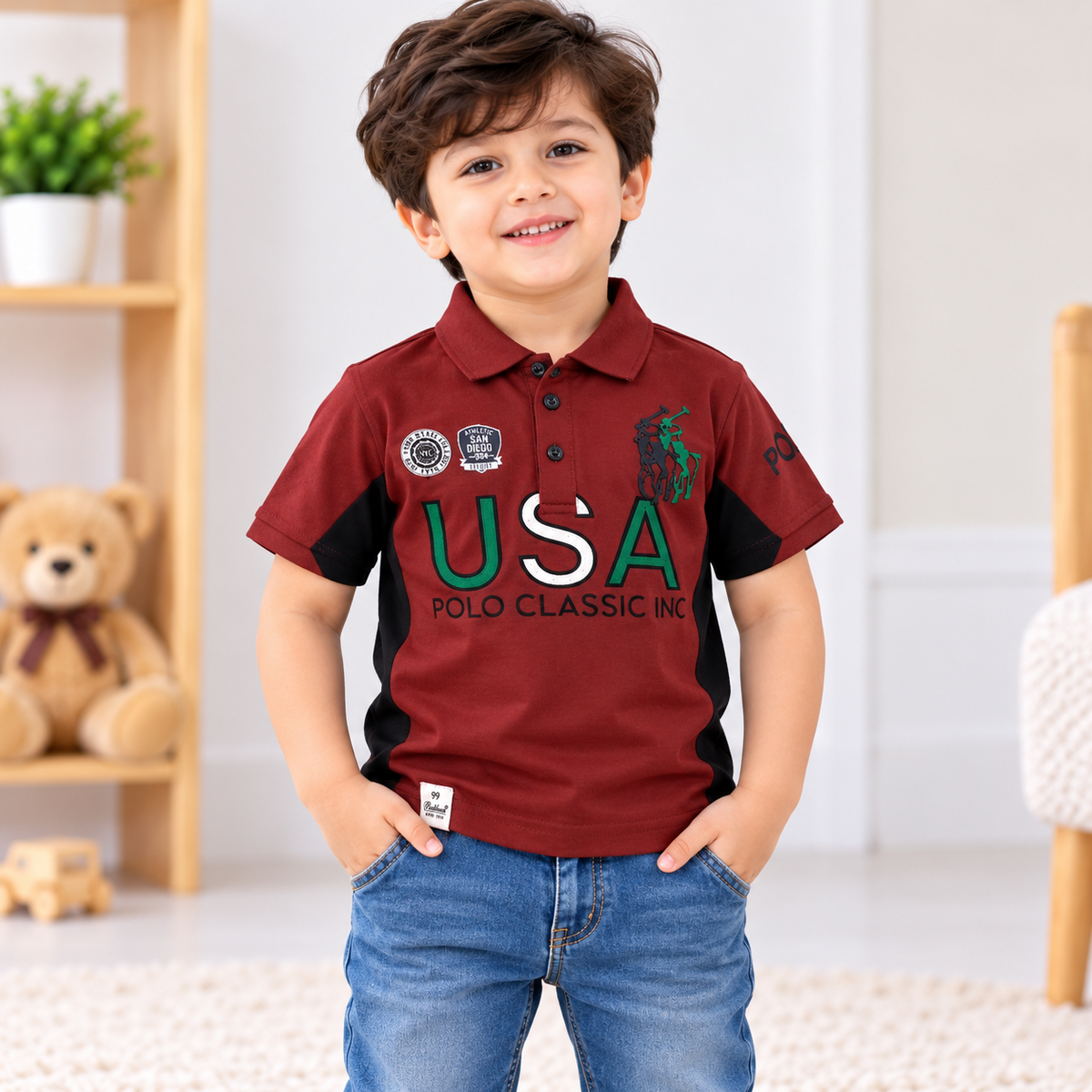 Front view of 99 BALLON rust maroon USA graphic polo T-shirt for boys