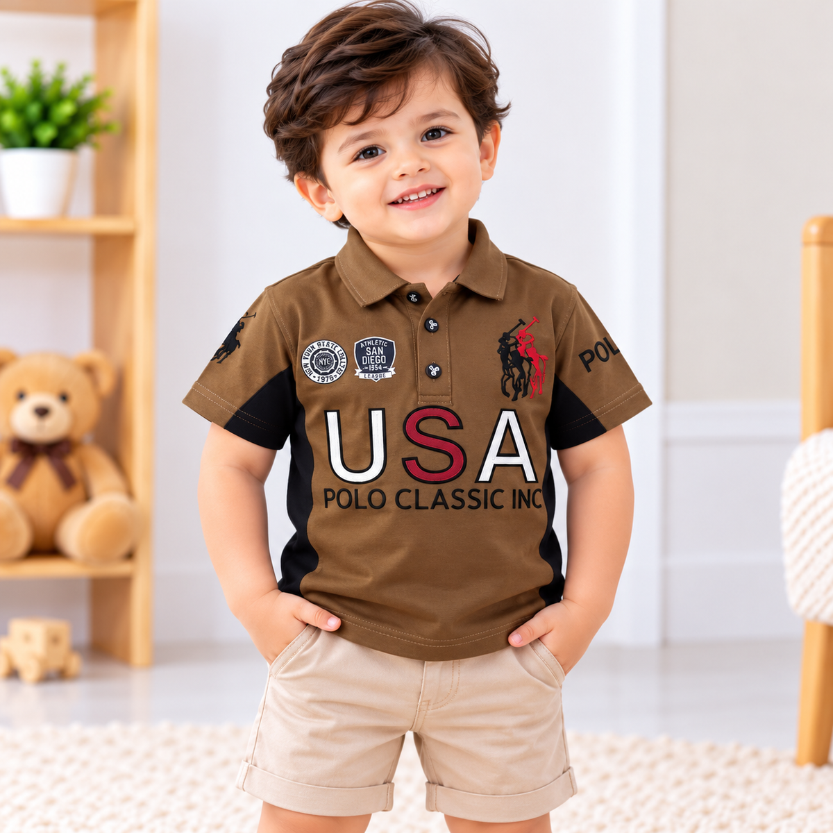 99 BALLON Boys USA Graphic Polo T-Shirt with Contrast Panels 
