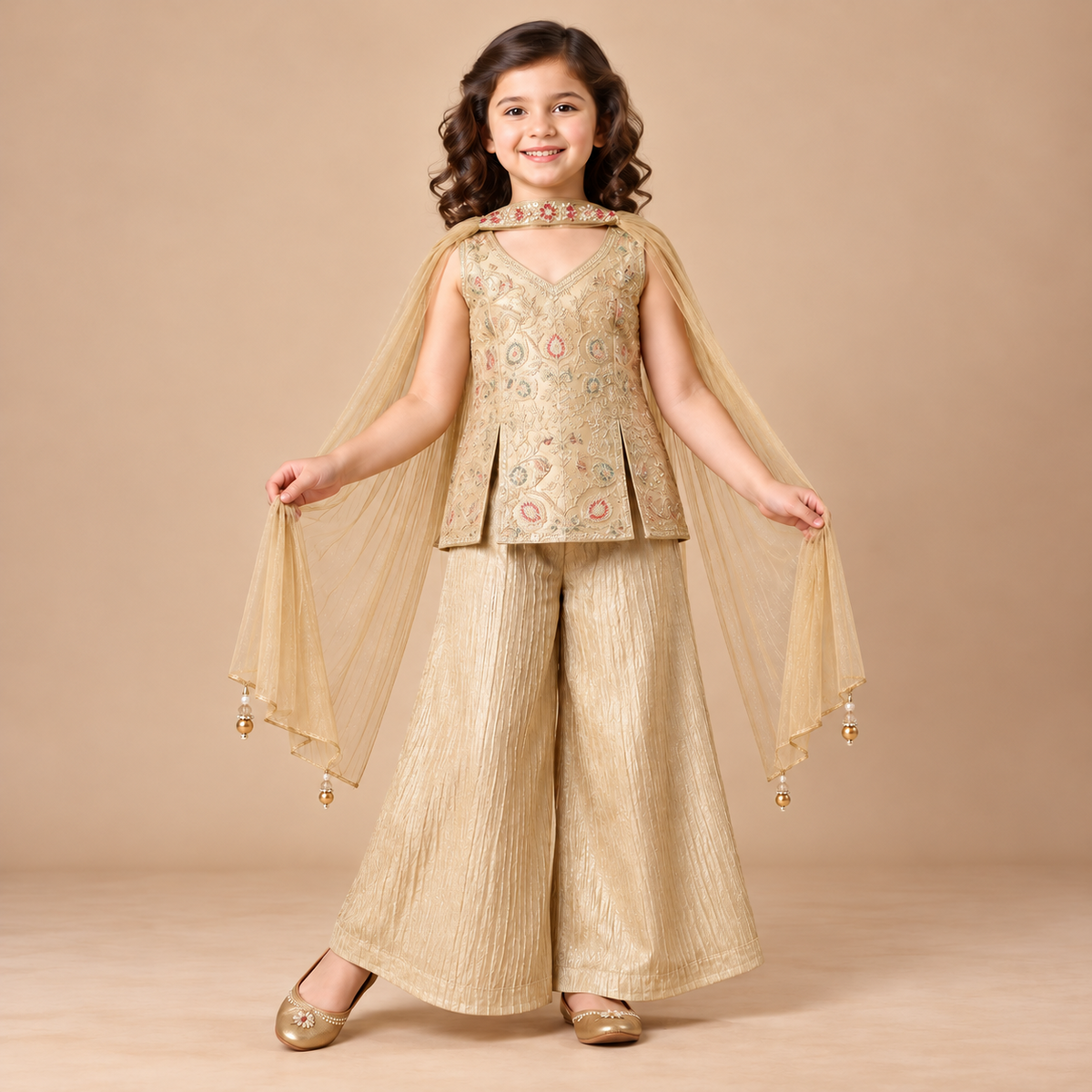 Front view of GUSTO beige embroidered girls ethnic set with palazzo and dupatta