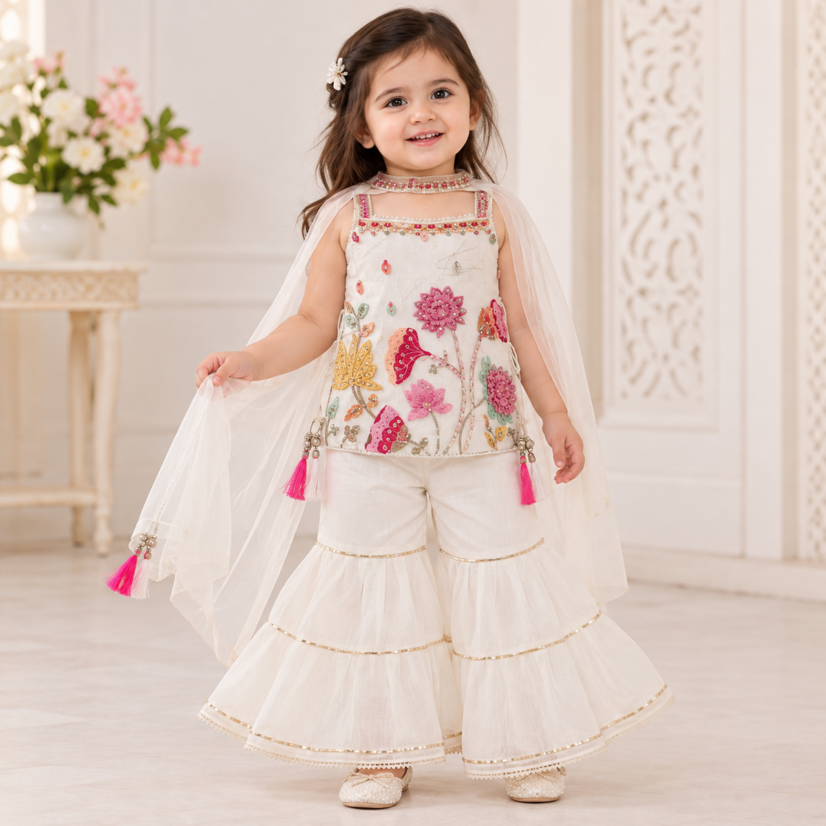 SMILE BABY cream embroidered girls festive sharara set front view