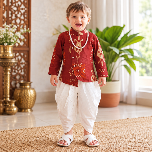 Front view of boys rust red Indo Western kurta dhoti set