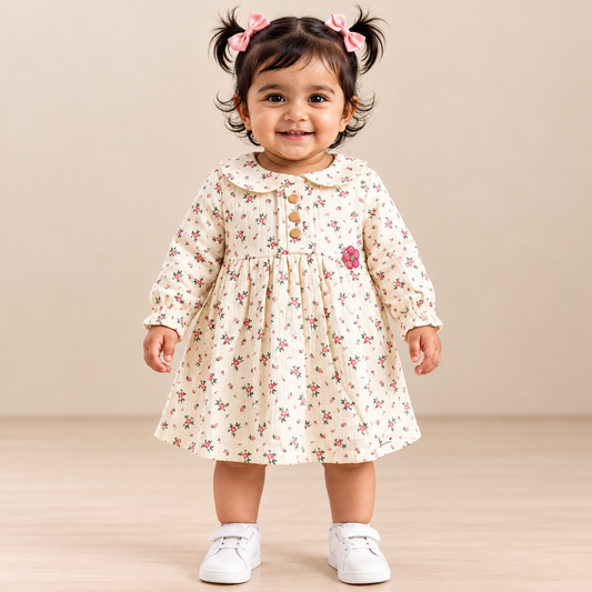 ORRIGANY Baby Girls Cream Floral Print Peter Pan Collar Dress 