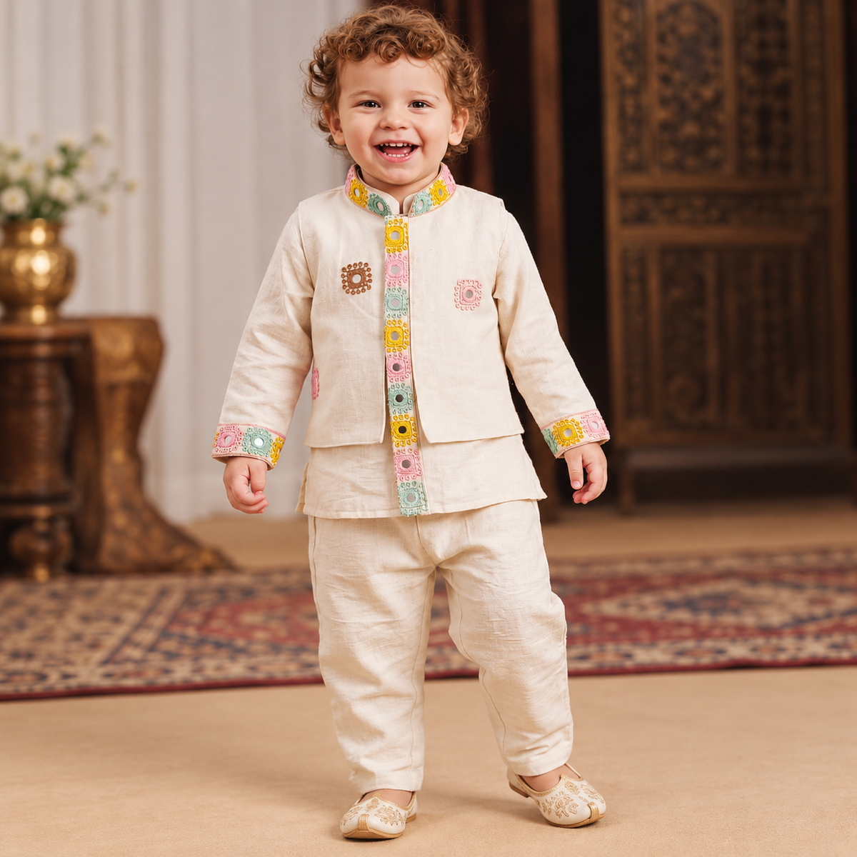 SMILE BABY boys fawn cream Indo Western set front view