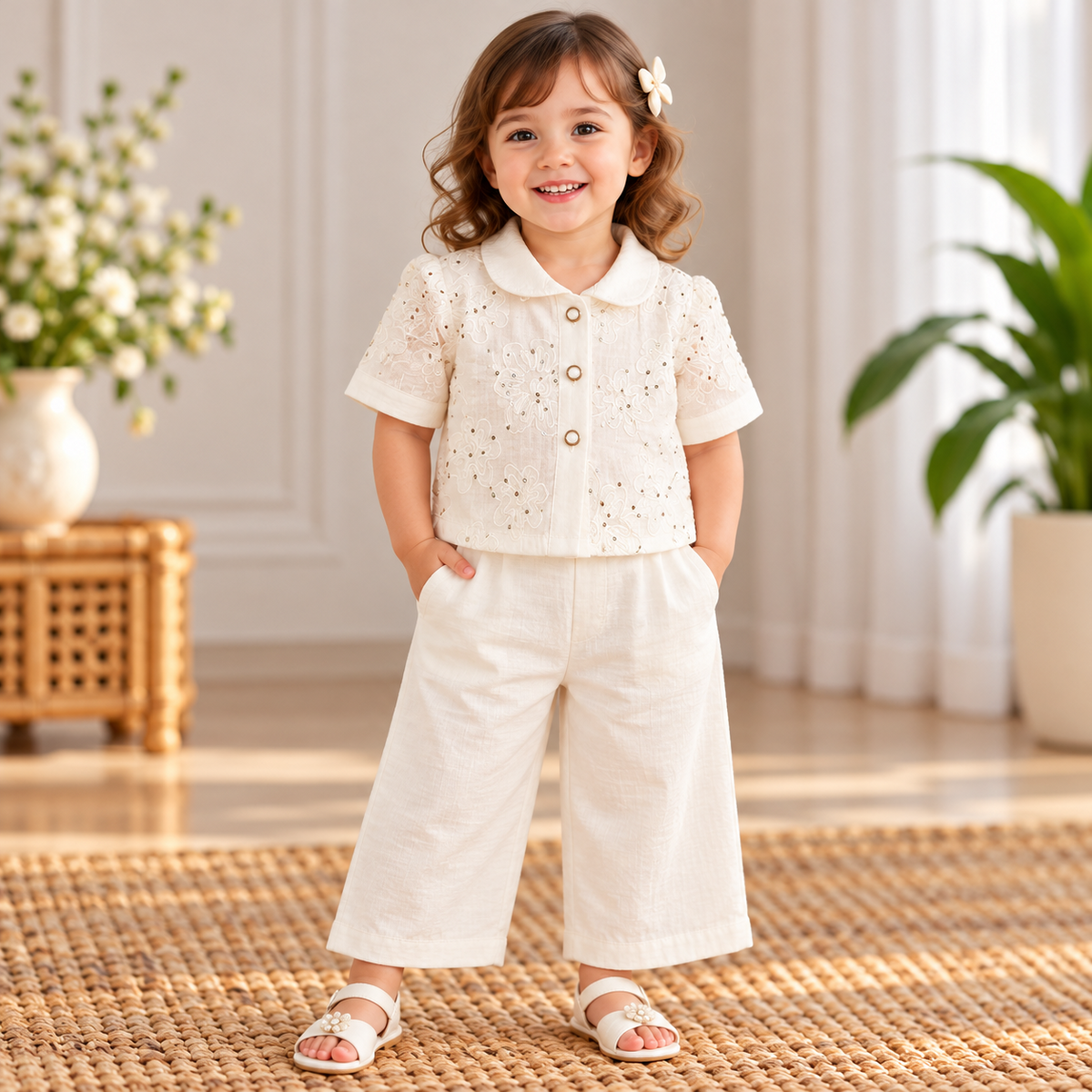 SMILE BABY cream embroidered girls co-ord set front view