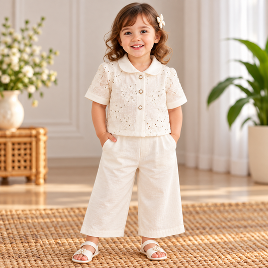 SMILE BABY cream embroidered girls co-ord set front view