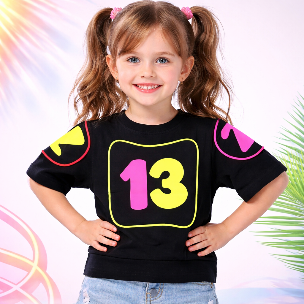 Smile Baby Girls Neon Graphic T-Shirt | Stylish Black Printed Kids Top (4–12Y)
