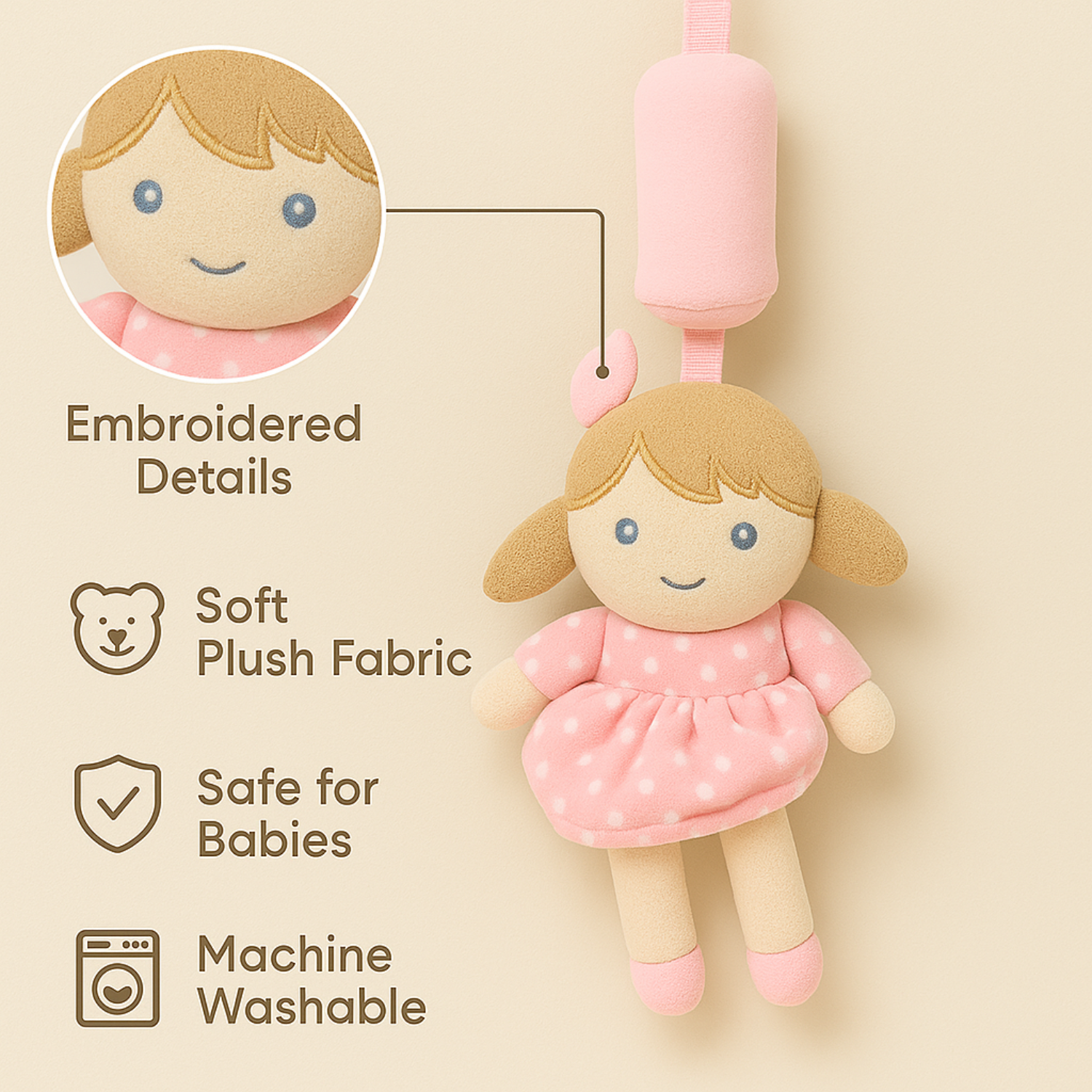 Smile Baby Hanging Plush Girl Doll Toy – Soft Pink Cuddly Toy for Cribs & Strollers