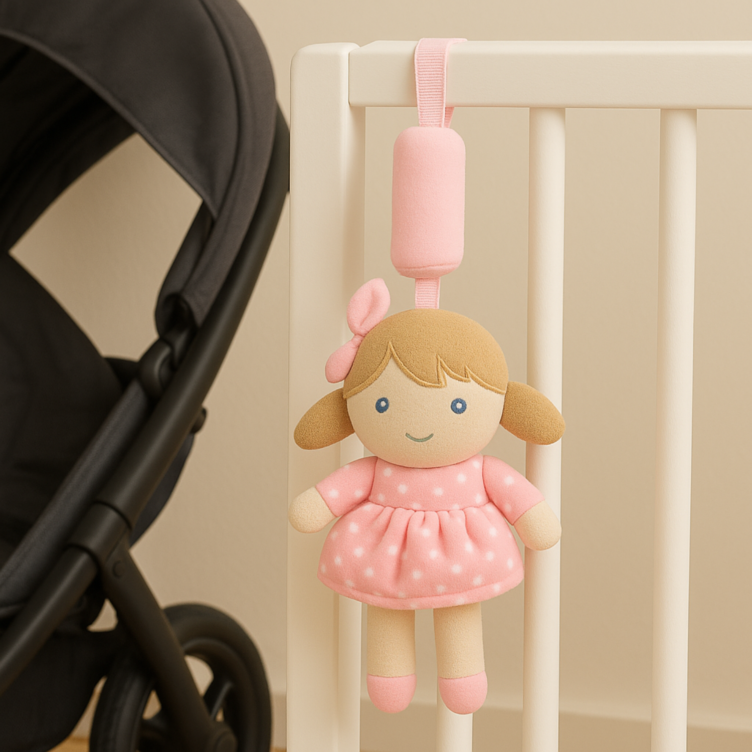 Smile Baby Hanging Plush Girl Doll Toy – Soft Pink Cuddly Toy for Cribs & Strollers