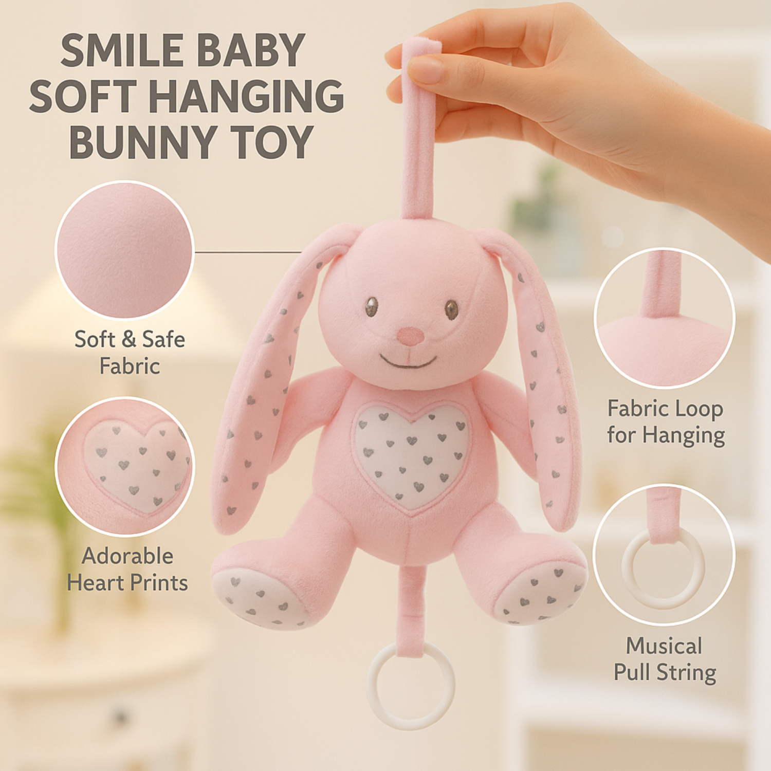 Smile Baby Soft Hanging Bunny Toy – Pink Plush Rabbit with Music Pull String | Crib & Stroller Toy for Newborns | Soothing & Safe for 0+ Months