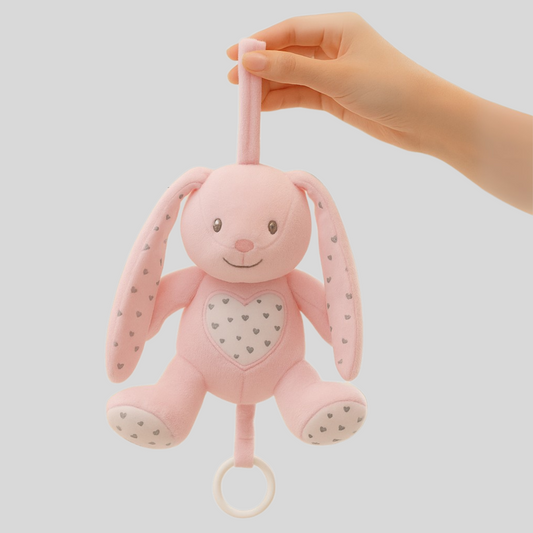 Smile Baby Soft Hanging Bunny Toy – Pink Plush Rabbit with Music Pull String | Crib & Stroller Toy for Newborns | Soothing & Safe for 0+ Months