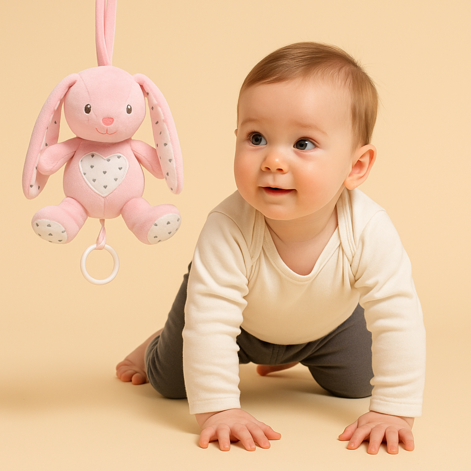 Smile Baby Soft Hanging Bunny Toy – Pink Plush Rabbit with Music Pull String | Crib & Stroller Toy for Newborns | Soothing & Safe for 0+ Months