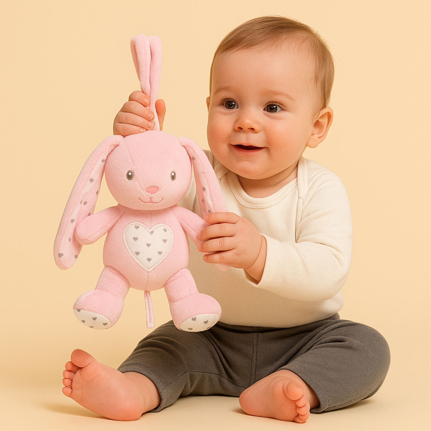Smile Baby Soft Hanging Bunny Toy – Pink Plush Rabbit with Music Pull String | Crib & Stroller Toy for Newborns | Soothing & Safe for 0+ Months