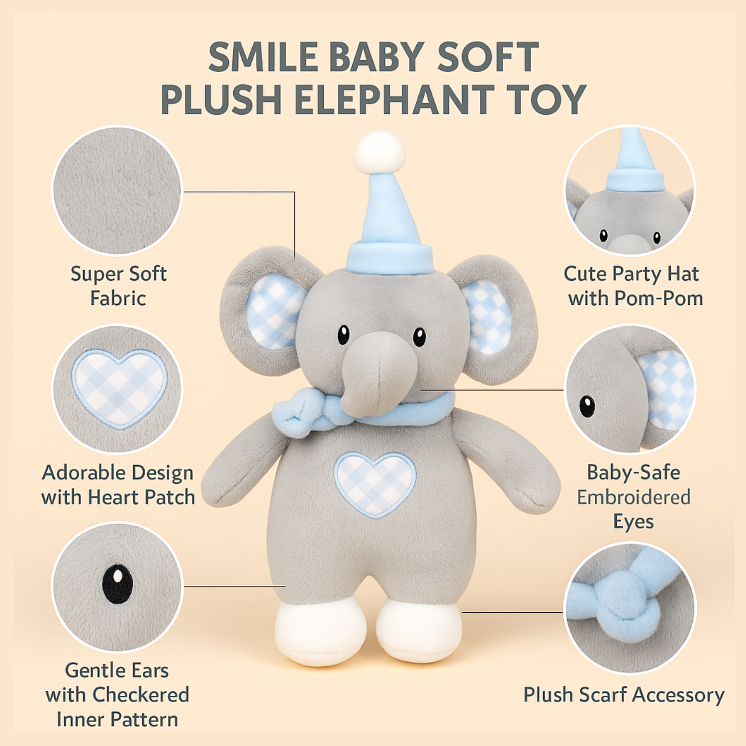 Smile Baby Soft Plush Elephant Toy – Ultra-Cuddly Grey & Blue Stuffed Animal for Infants | Safe for Newborns | Baby Shower Gift