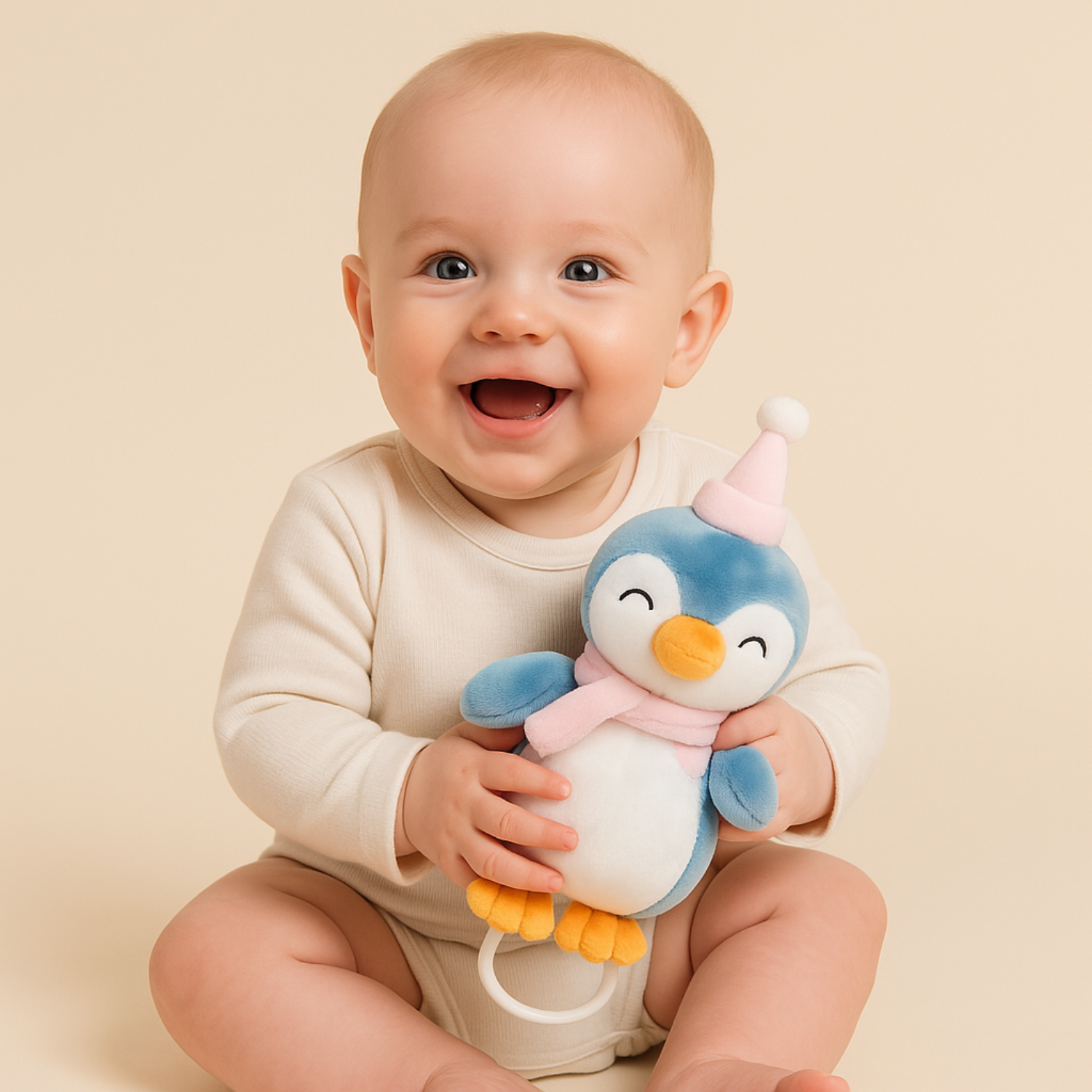 Smile Baby Soft Hanging Penguin Plush Toy – Soothing Music Pull String | 0–12 Months | Crib, Stroller & Car Seat Friendly