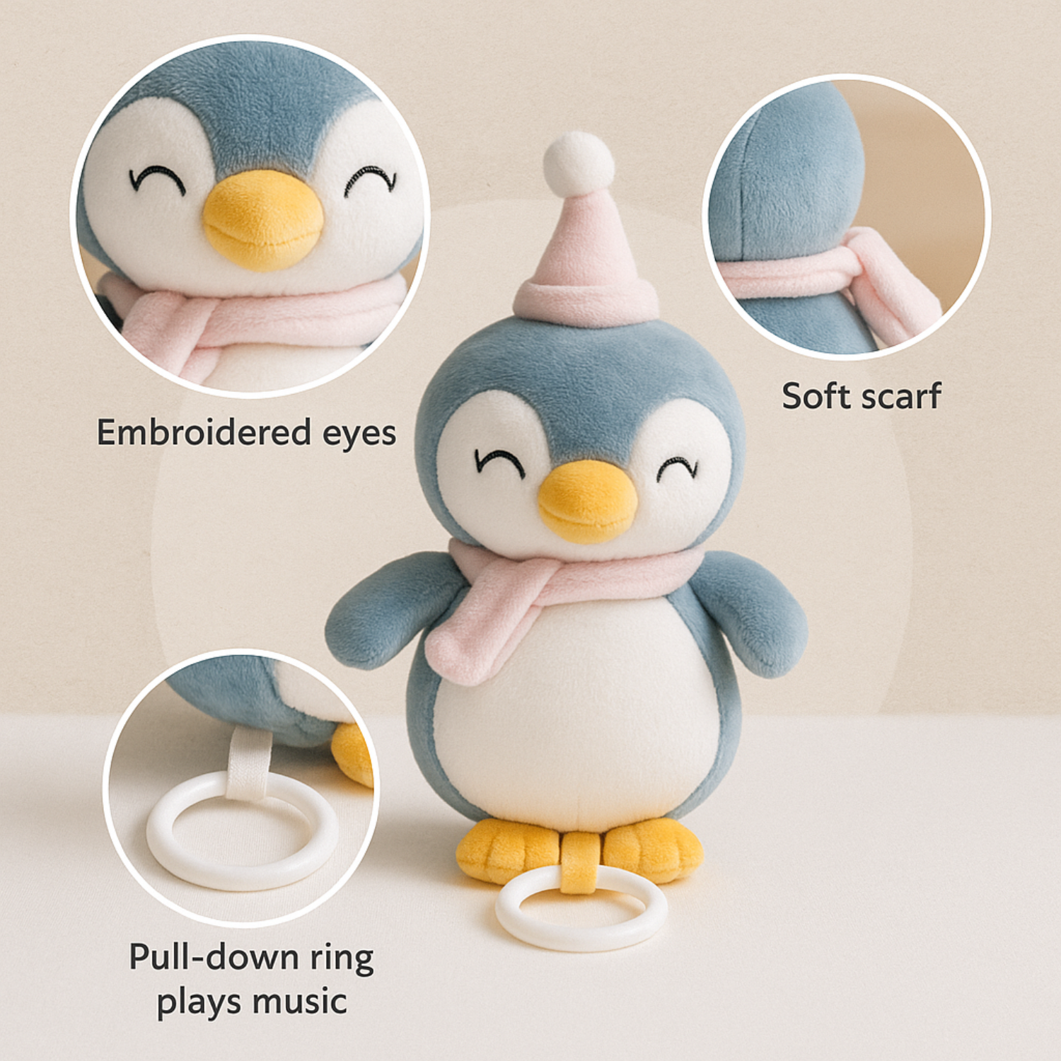 Smile Baby Soft Hanging Penguin Plush Toy – Soothing Music Pull String | 0–12 Months | Crib, Stroller & Car Seat Friendly