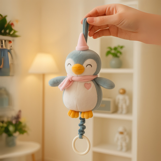 Smile Baby Soft Hanging Penguin Plush Toy – Soothing Music Pull String | 0–12 Months | Crib, Stroller & Car Seat Friendly