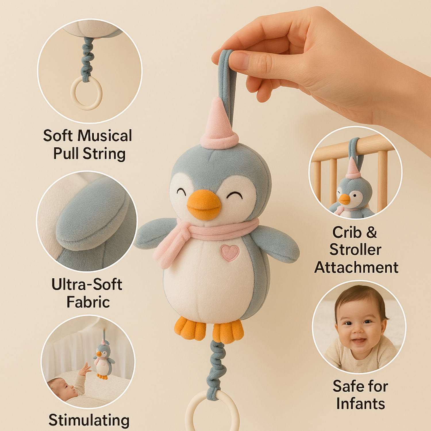 Smile Baby Soft Hanging Penguin Plush Toy – Soothing Music Pull String | 0–12 Months | Crib, Stroller & Car Seat Friendly