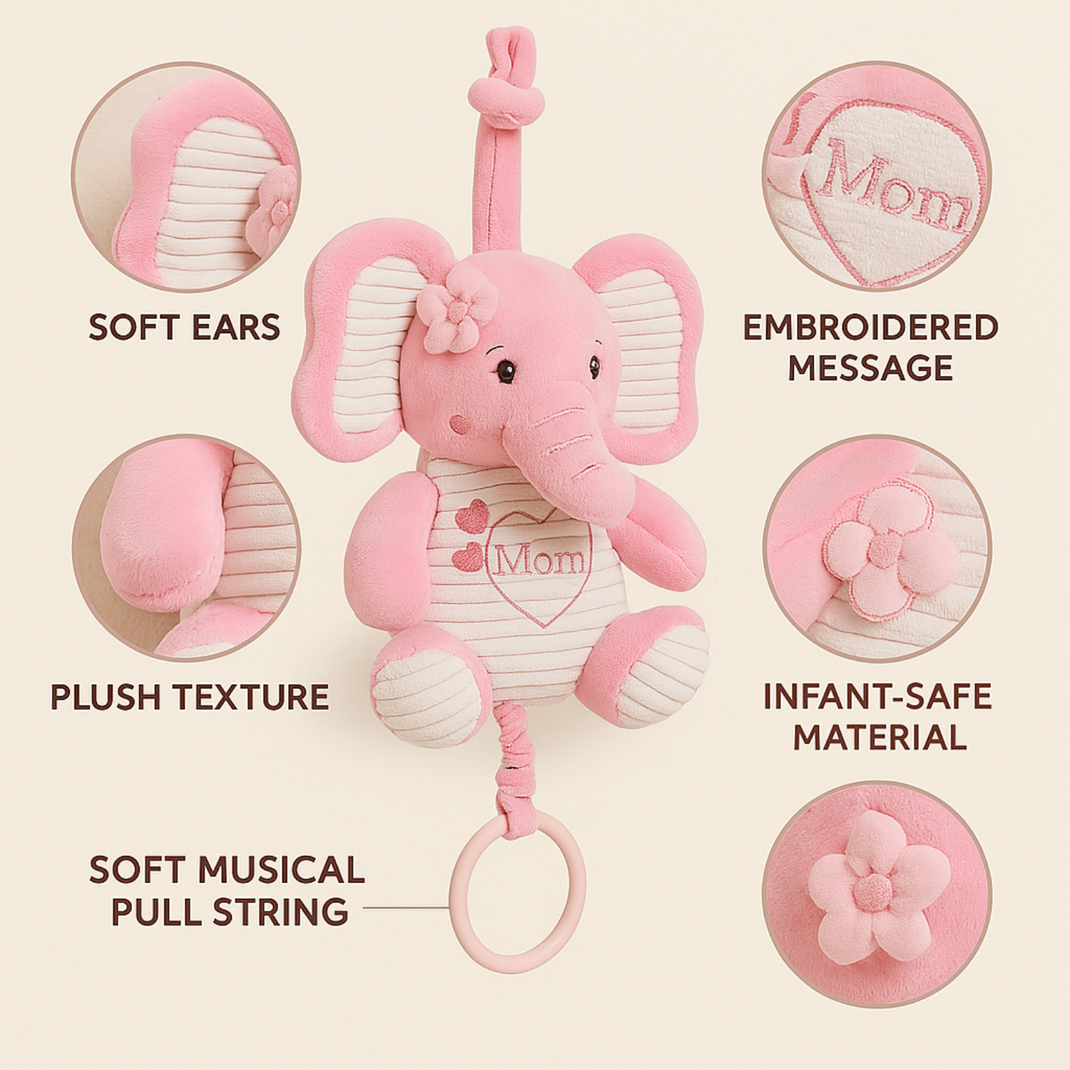 Smile Baby Pink Elephant Plush Hanging Toy – Musical Pull String | “I Love You Mom” Embroidery | Crib & Stroller Attachment | Soft & Safe for Babies (0–12 Months)