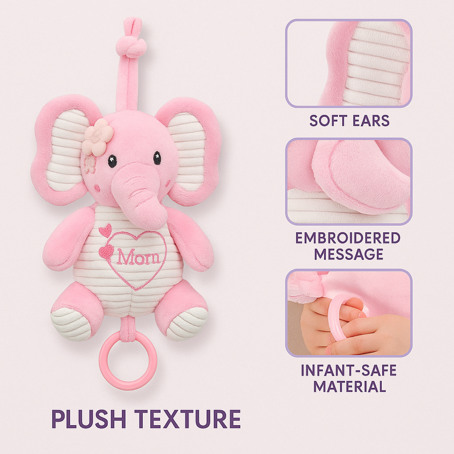 Smile Baby Pink Elephant Plush Hanging Toy – Musical Pull String | “I Love You Mom” Embroidery | Crib & Stroller Attachment | Soft & Safe for Babies (0–12 Months)