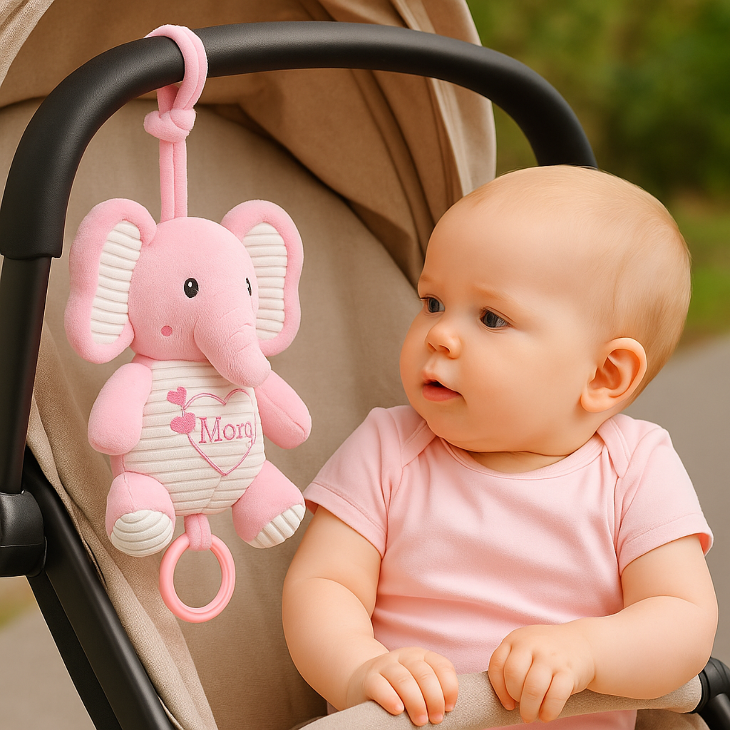 Smile Baby Pink Elephant Plush Hanging Toy – Musical Pull String | “I Love You Mom” Embroidery | Crib & Stroller Attachment | Soft & Safe for Babies (0–12 Months)