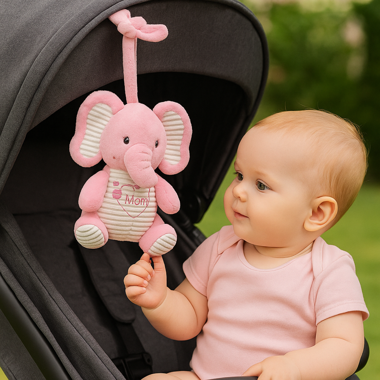 Smile Baby Pink Elephant Plush Hanging Toy – Musical Pull String | “I Love You Mom” Embroidery | Crib & Stroller Attachment | Soft & Safe for Babies (0–12 Months)