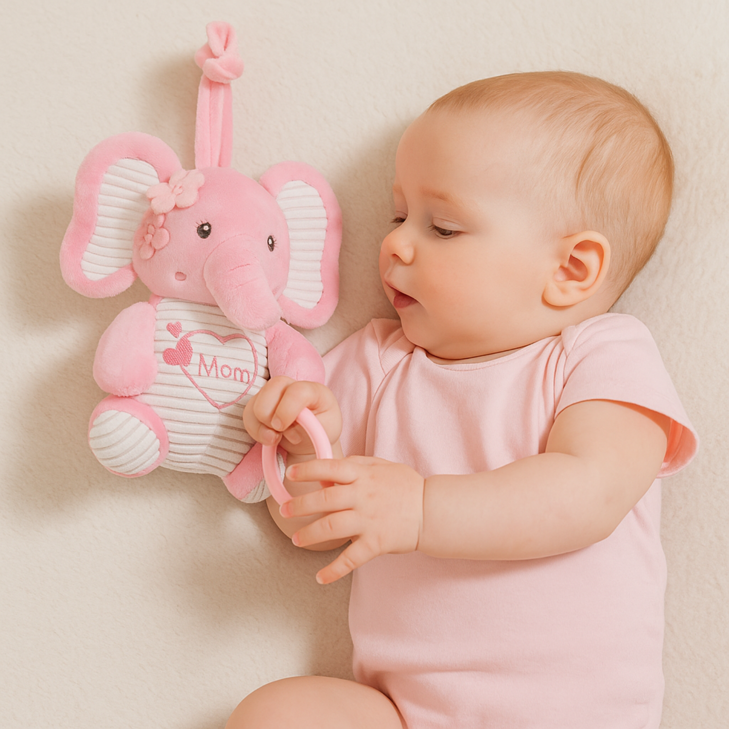 Smile Baby Pink Elephant Plush Hanging Toy – Musical Pull String | “I Love You Mom” Embroidery | Crib & Stroller Attachment | Soft & Safe for Babies (0–12 Months)