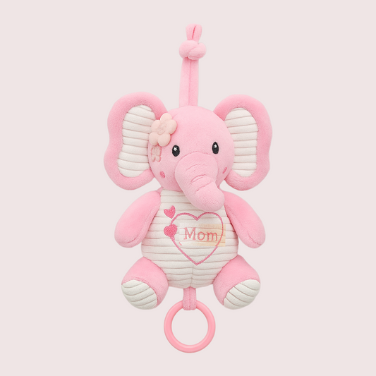 Smile Baby Pink Elephant Plush Hanging Toy – Musical Pull String | “I Love You Mom” Embroidery | Crib & Stroller Attachment | Soft & Safe for Babies (0–12 Months)