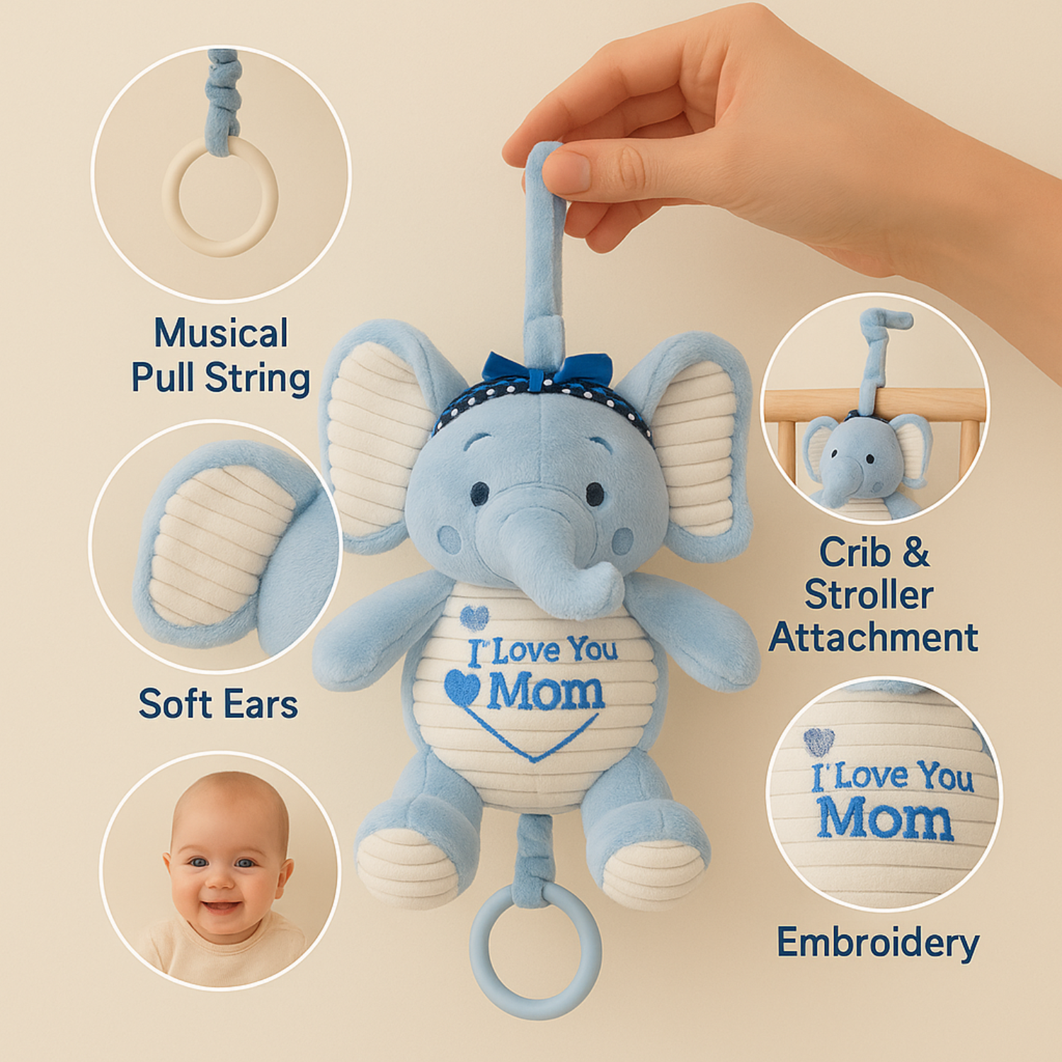 Smile Baby Blue Elephant Plush Hanging Toy – “I Love You Mom” Embroidery | Musical Pull String | Crib & Stroller Attachment | Soft Fabric | 0–12 Months