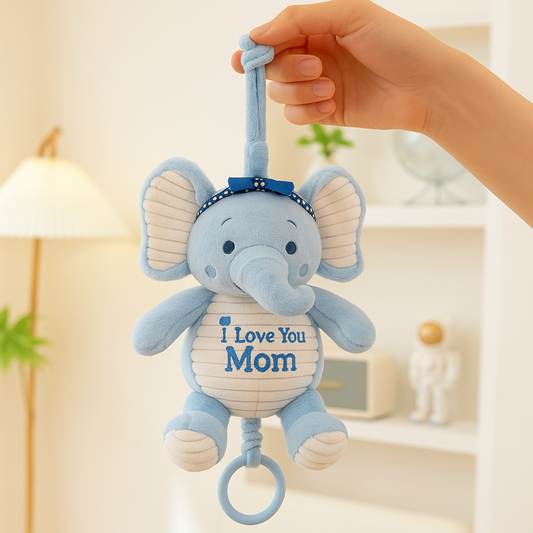 Smile Baby Blue Elephant Plush Hanging Toy – “I Love You Mom” Embroidery | Musical Pull String | Crib & Stroller Attachment | Soft Fabric | 0–12 Months