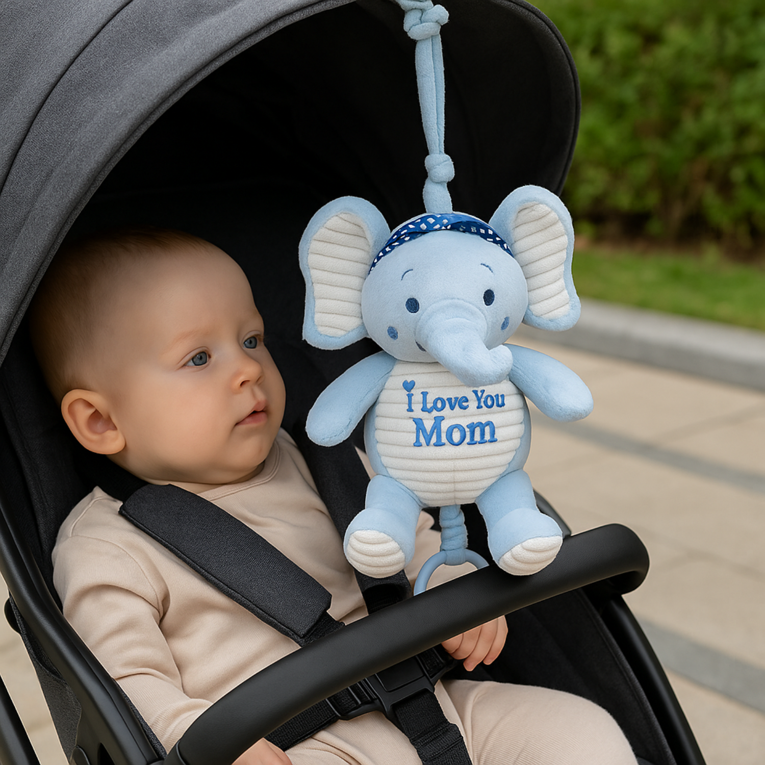 Smile Baby Blue Elephant Plush Hanging Toy – “I Love You Mom” Embroidery | Musical Pull String | Crib & Stroller Attachment | Soft Fabric | 0–12 Months