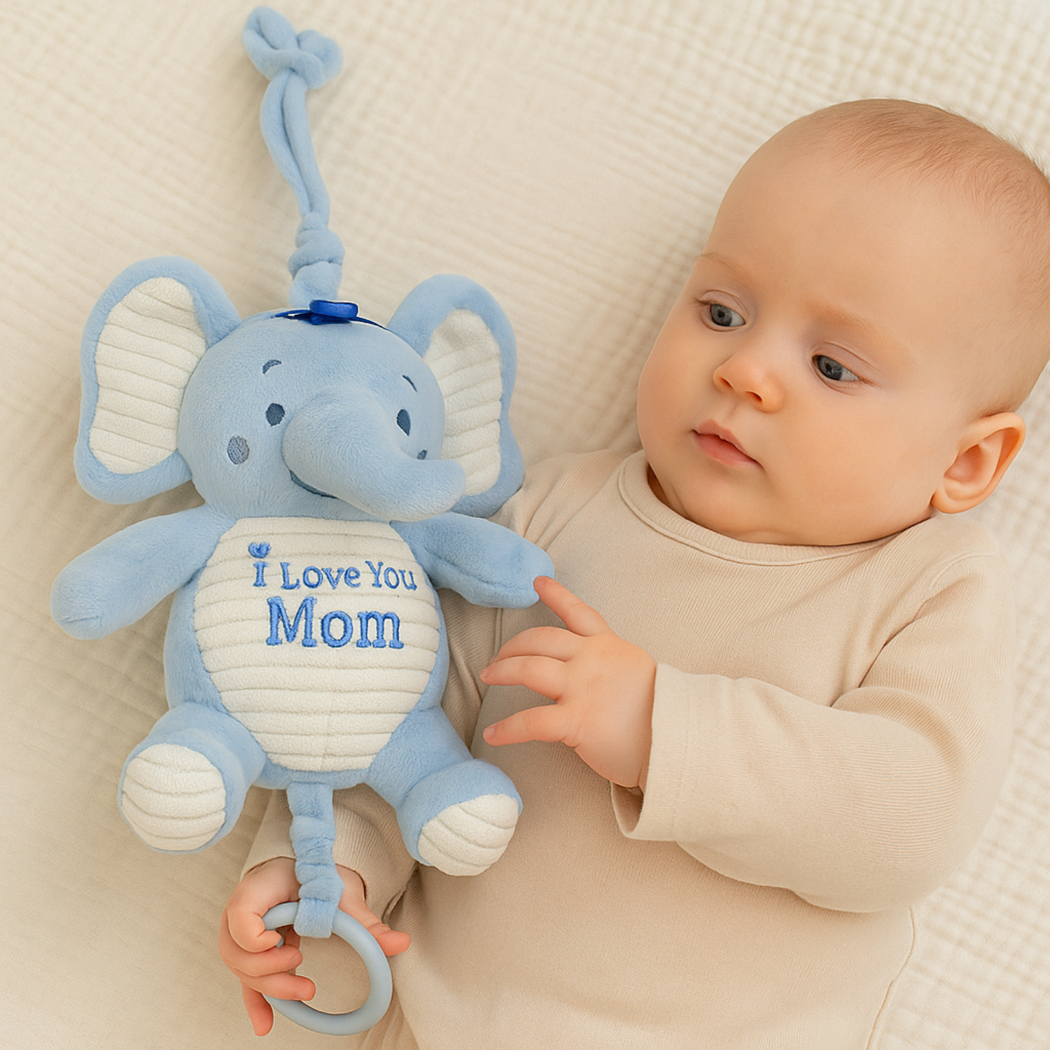 Smile Baby Blue Elephant Plush Hanging Toy – “I Love You Mom” Embroidery | Musical Pull String | Crib & Stroller Attachment | Soft Fabric | 0–12 Months