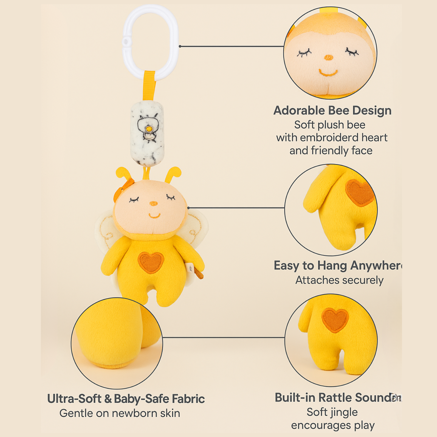 Smile Baby Hanging Plush Bee Toy – Soft & Safe for Stroller & Crib | Newborn Sensory Toy (0+ Months)