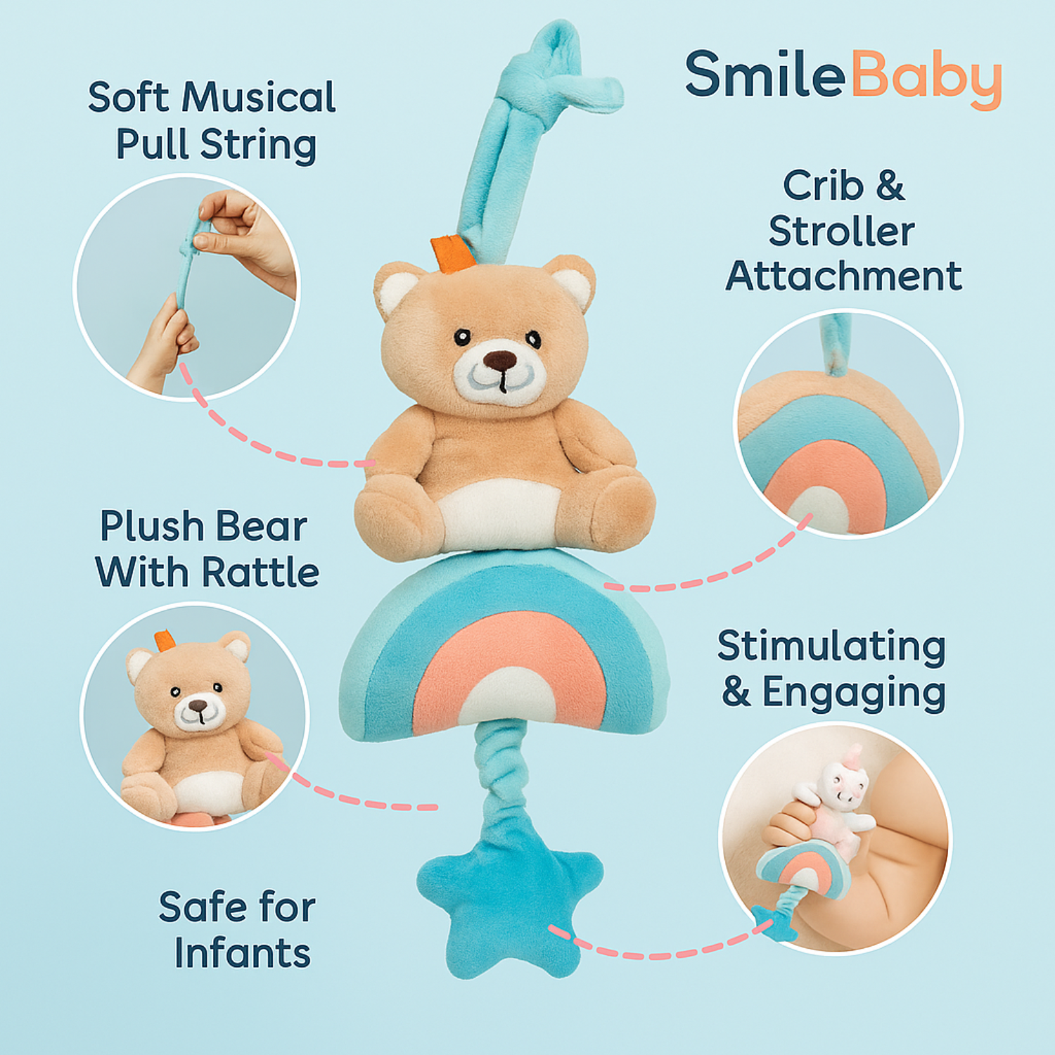 Smile Baby Bear Rainbow Hanging Plush Toy – Musical Star Pull | Crib & Stroller Toy | Soft & Safe | Baby Boy Gift | 0+ Months