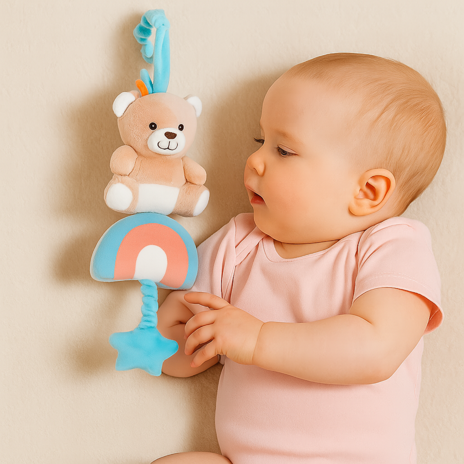 Smile Baby Bear Rainbow Hanging Plush Toy – Musical Star Pull | Crib & Stroller Toy | Soft & Safe | Baby Boy Gift | 0+ Months