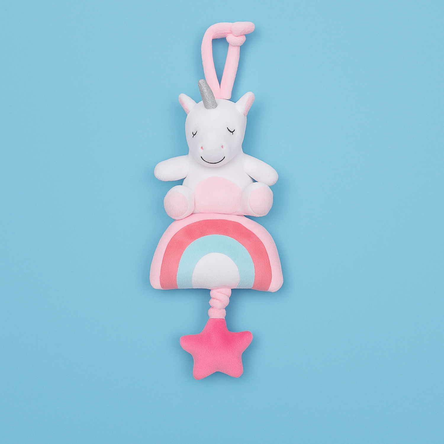 Smile Baby Unicorn Rainbow Hanging Plush Toy – Musical Pull Star | Soft Crib & Stroller Toy for Infants | Pastel Pink | Baby-Safe Fabric | 0–12 Months