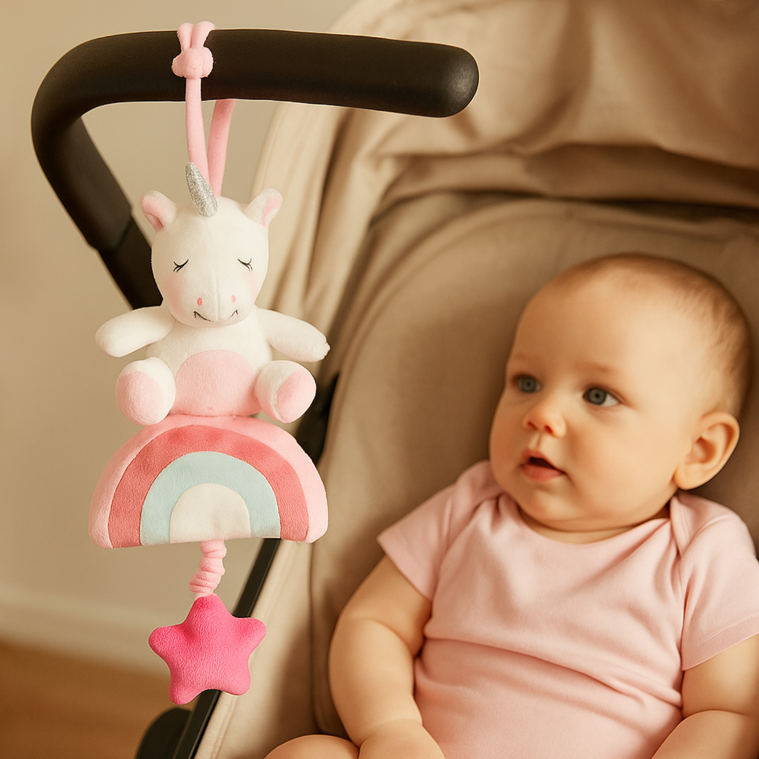 Smile Baby Unicorn Rainbow Hanging Plush Toy – Musical Pull Star | Soft Crib & Stroller Toy for Infants | Pastel Pink | Baby-Safe Fabric | 0–12 Months