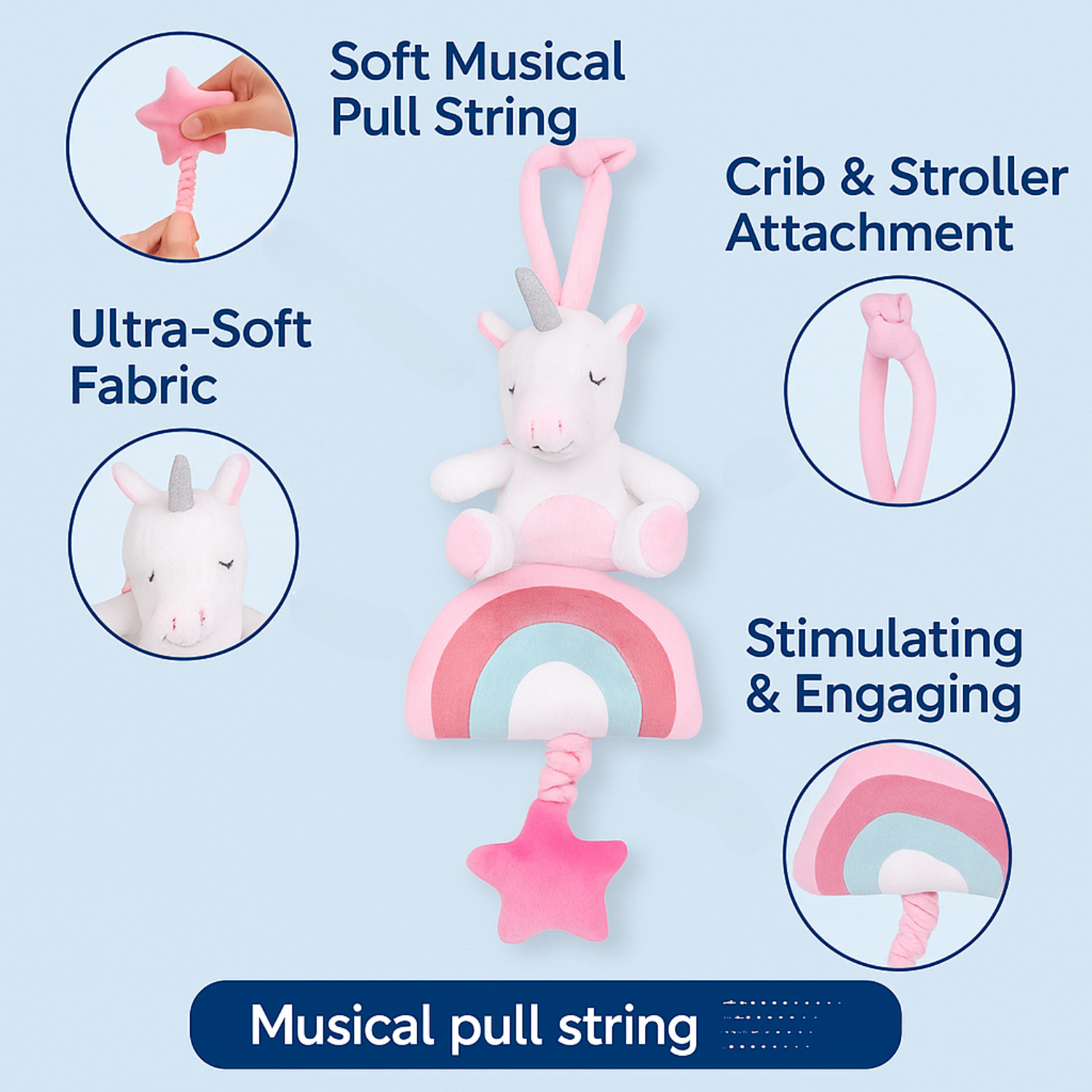 Smile Baby Unicorn Rainbow Hanging Plush Toy – Musical Pull Star | Soft Crib & Stroller Toy for Infants | Pastel Pink | Baby-Safe Fabric | 0–12 Months