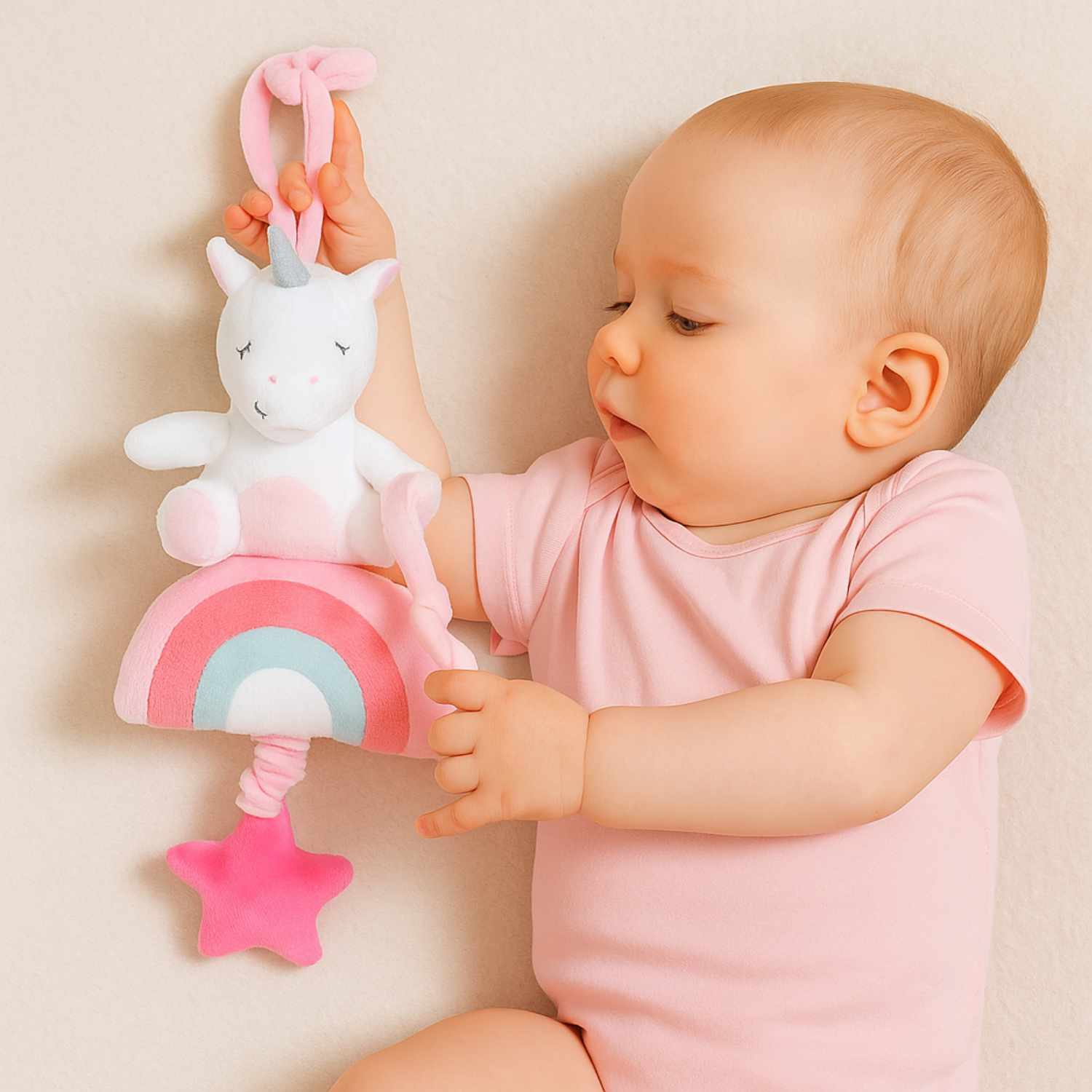 Smile Baby Unicorn Rainbow Hanging Plush Toy – Musical Pull Star | Soft Crib & Stroller Toy for Infants | Pastel Pink | Baby-Safe Fabric | 0–12 Months