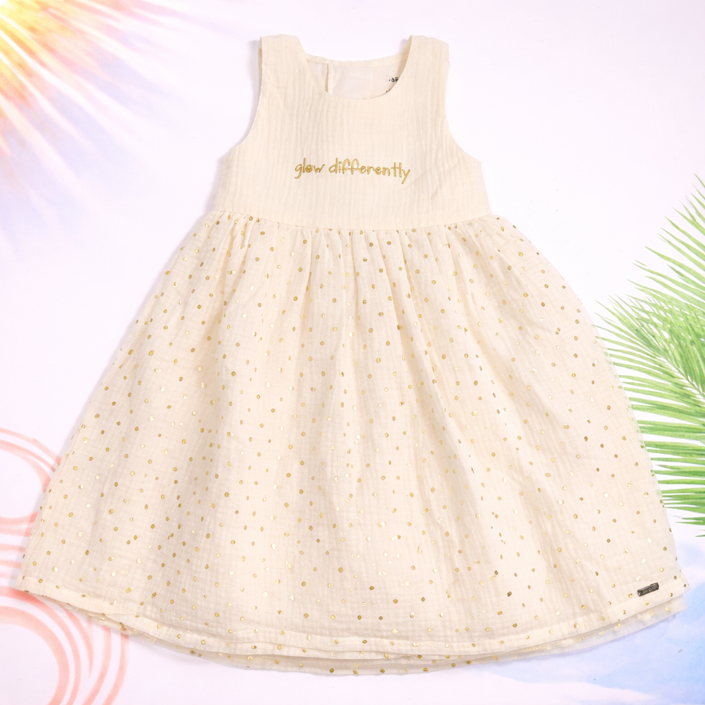 ORRIGANY Cream Gold Polka Party Dress for Girls | Sleeveless Bow Dress (9M–6Y)