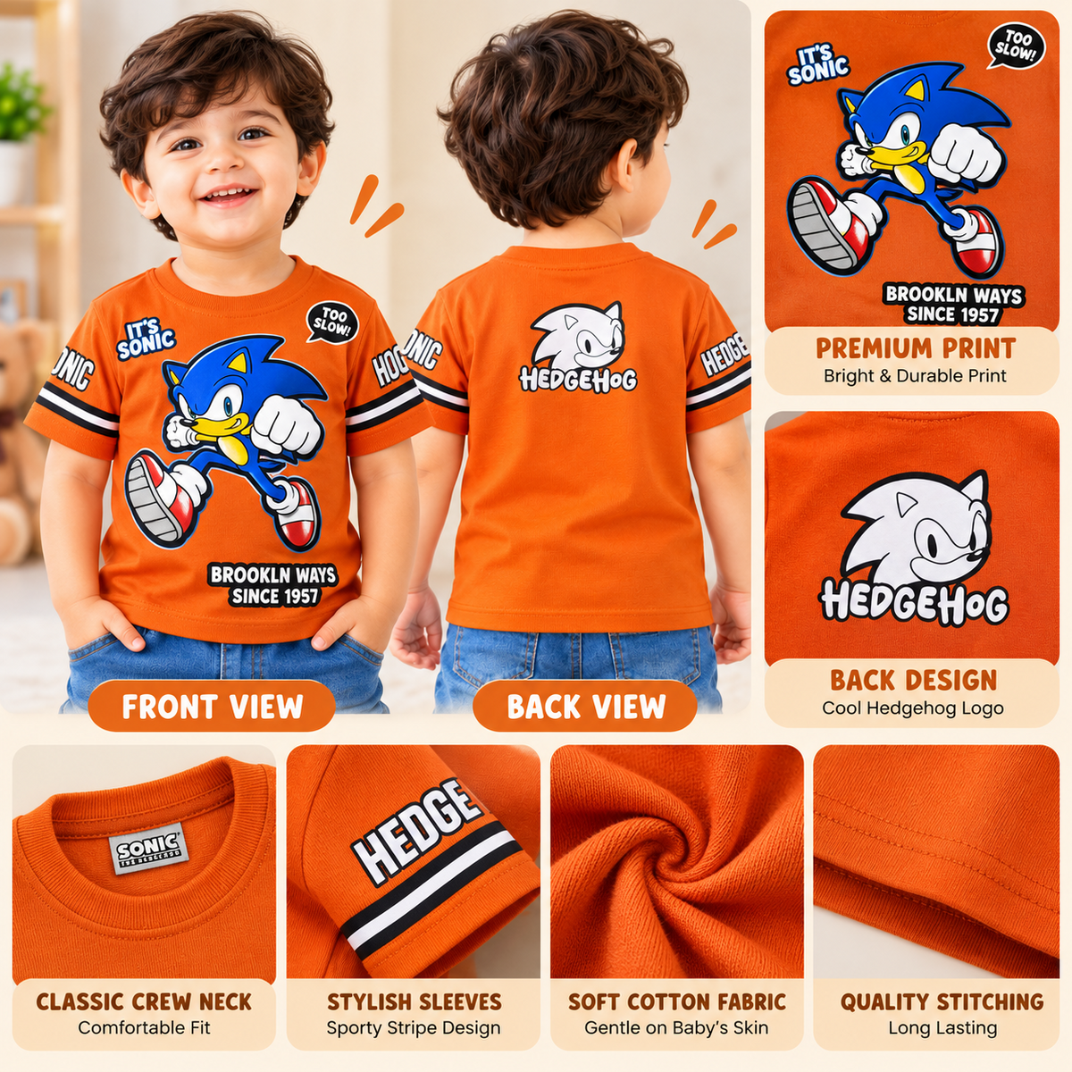 Smile Baby rust orange Sonic graphic T-shirt front back views and fabric and sleeve detail infographic