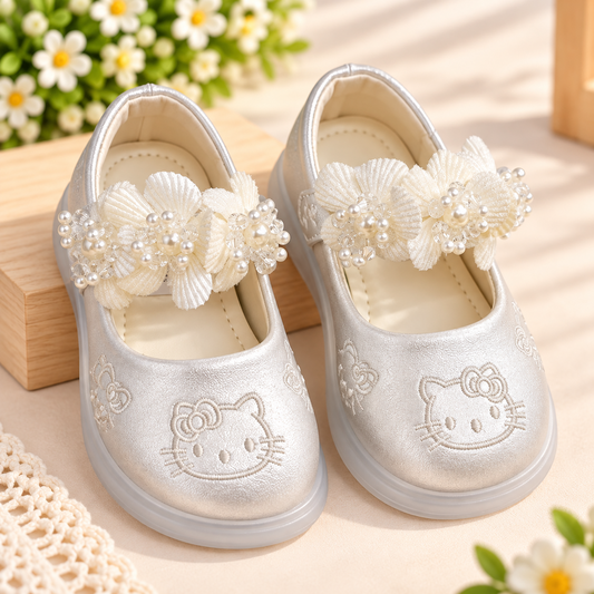 SMILE BABY girls cream pink Mary Jane shoes embroidered design