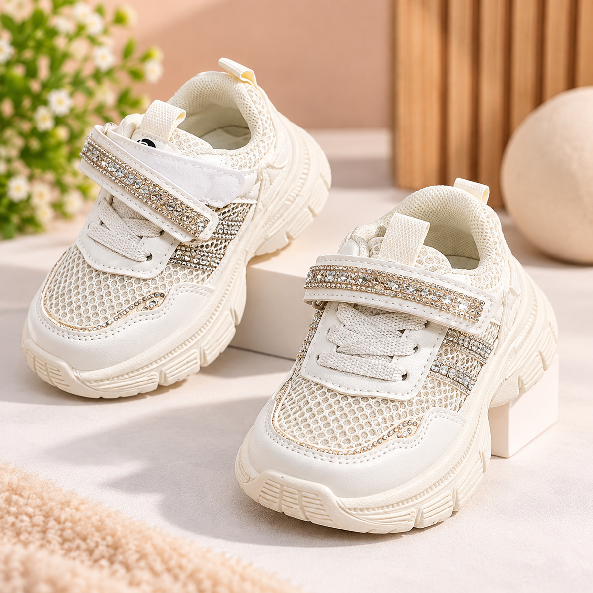 SMILE BABY kids white rhinestone sneakers product view