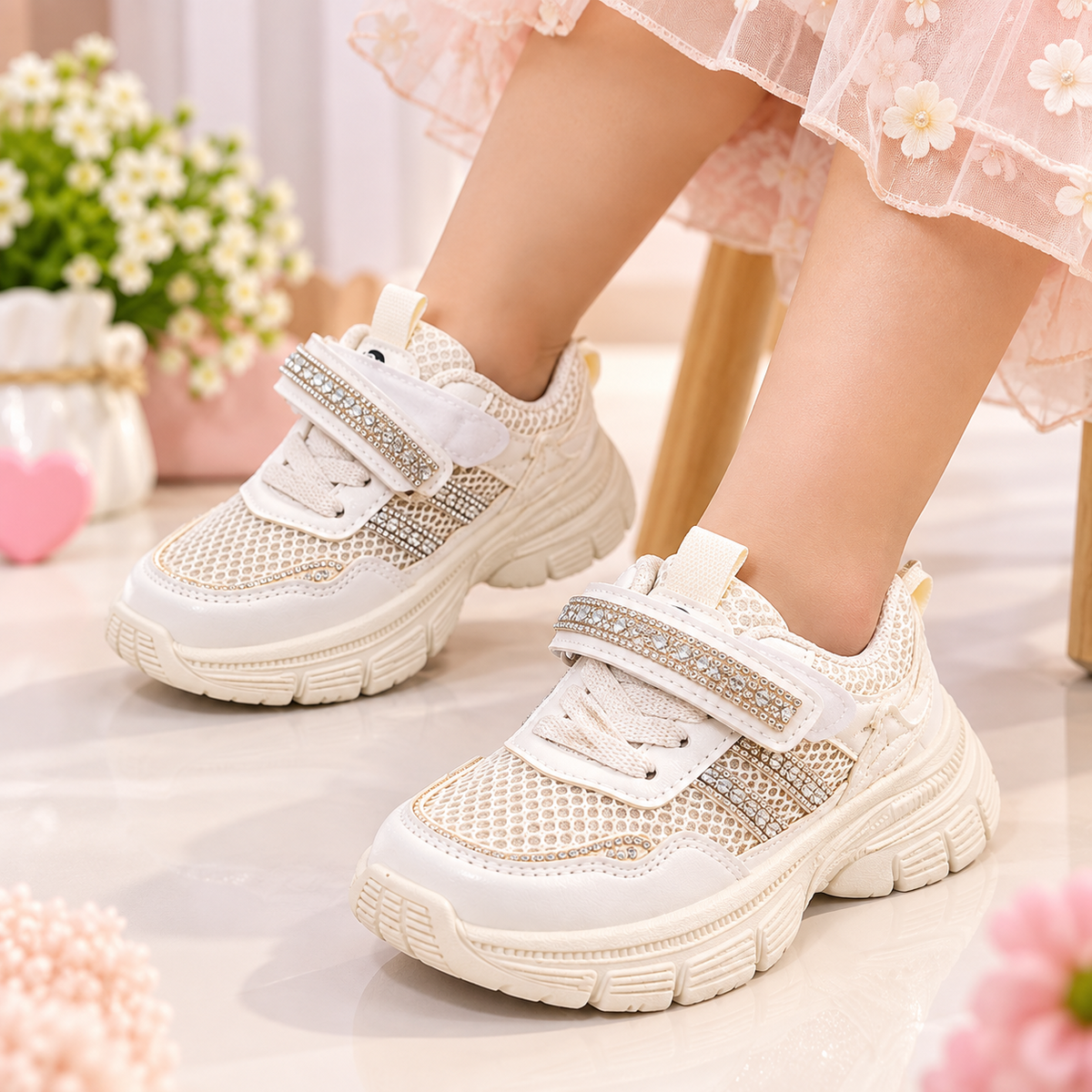 SMILE BABY kids white rhinestone sneakers lifestyle