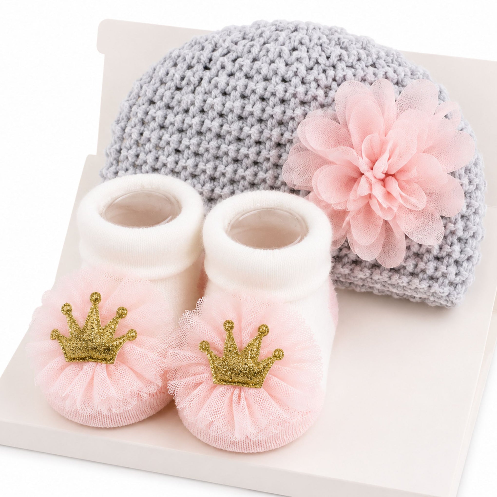 SMILE BABY Newborn Baby Girl Knit Hat & Socks Gift Set with Pink Flower and Crown Booties (0–9 Months)