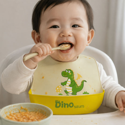 Smile Baby Silicone Baby Feeding Bib with Food Catcher Pocket – Waterproof Adjustable Bib for Babies & Toddlers – Cute Dinosaur Design